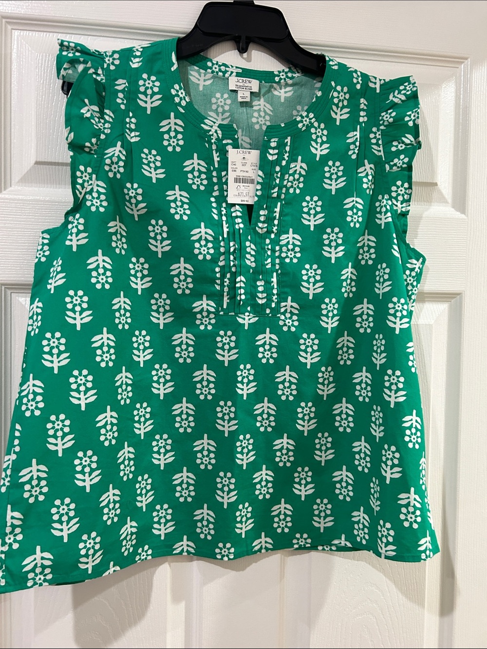 J. Crew Emerald Green White Floral Sleeveless Pintuck Top
